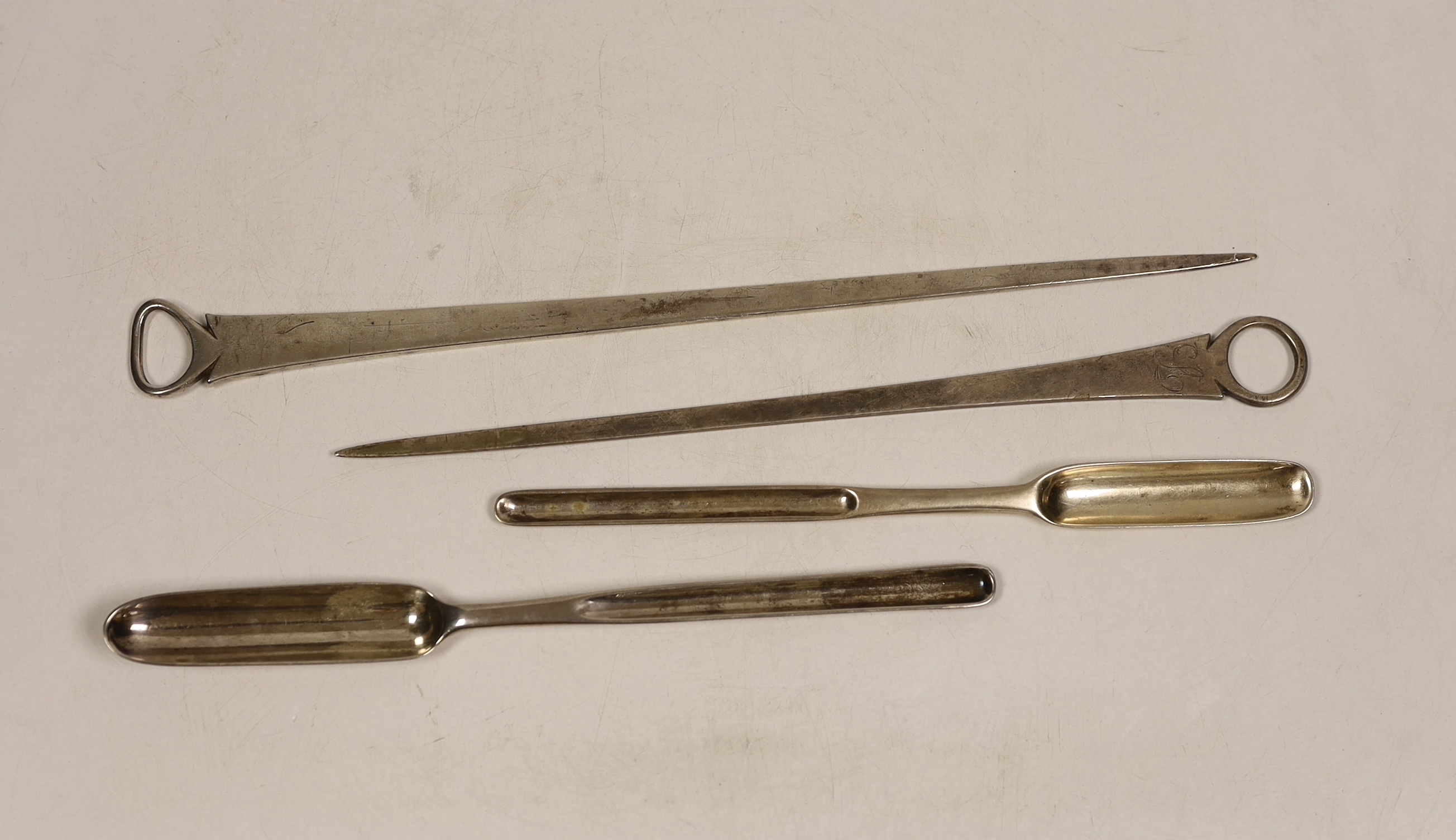Two George III silver meat skewers by Peter & Ann Bateman, London, 1791 & 1795, largest 29.7cm and two Georgian silver marrow scoops, one by Peter & William Bateman, London, 1807.